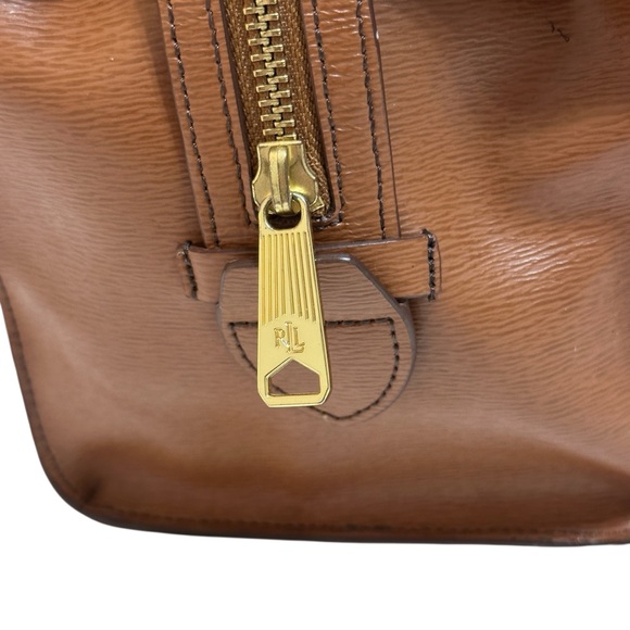 LAUREN RALPH LAUREN Camel Tan Leather Satchel Purse Handbag Two Handles - Picture 4 of 10
